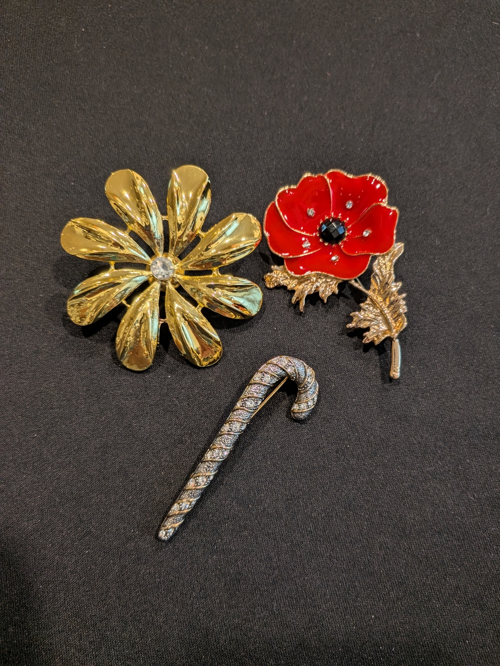 Gold Flower, Red Poppy & Rhinestone Candy Cane Brooch Trio
